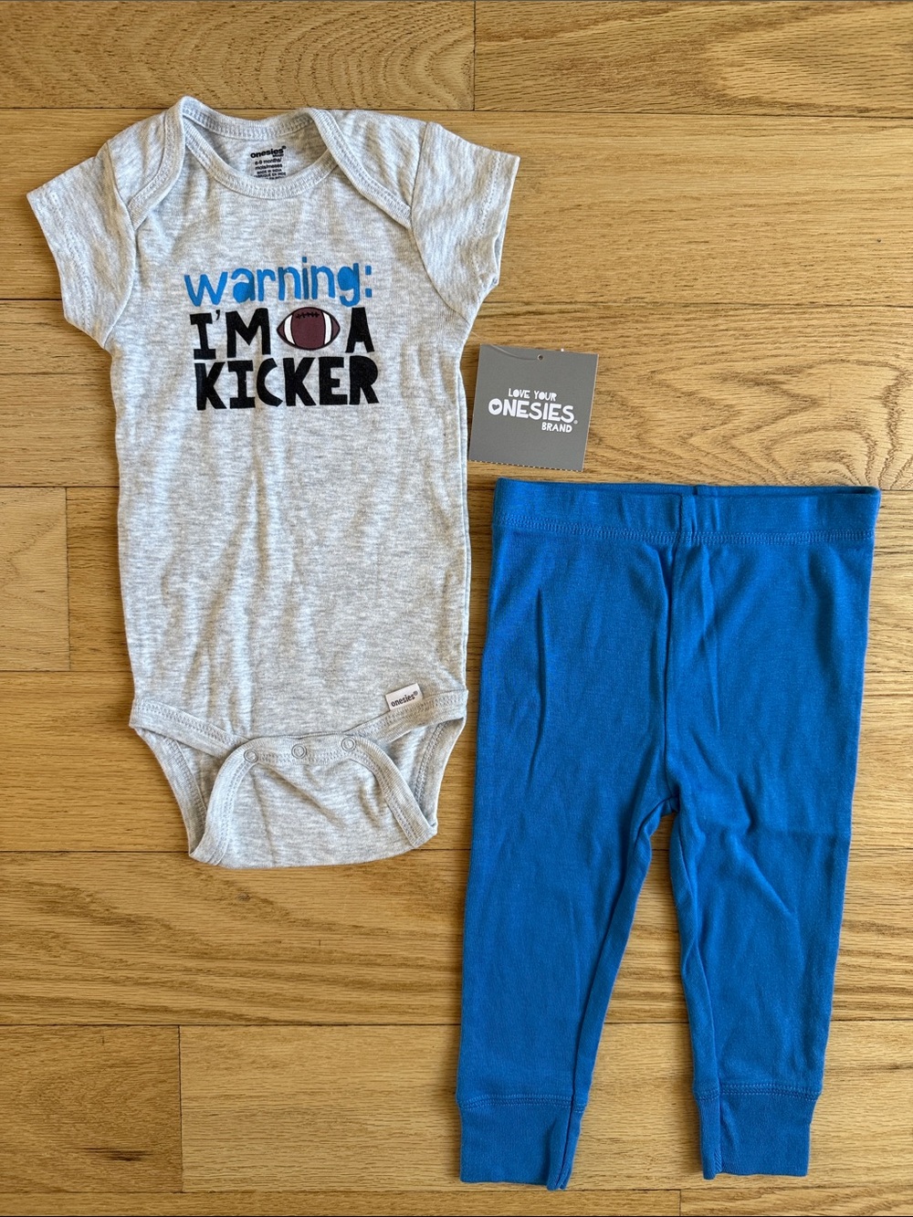 Love Your Onesies Kids "Warning I'm a Kicker" Gray & Blue Matching Set